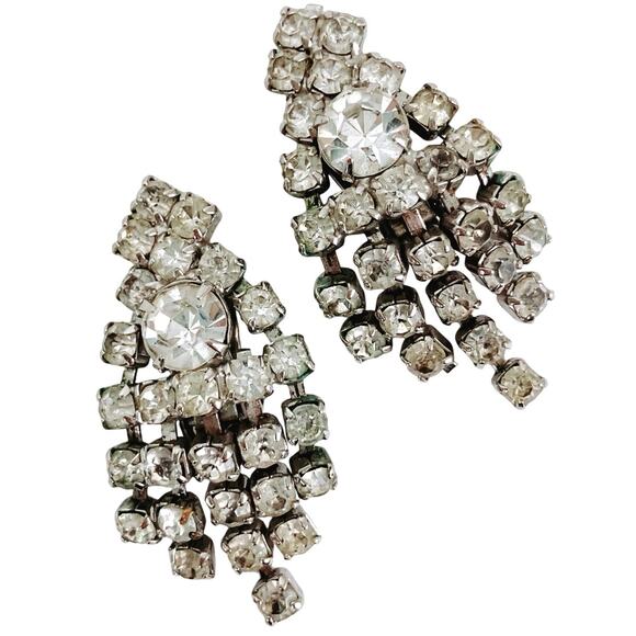 VTG 1950s Mid Century Rhinestone Clip On Earrings Articulated Dangle Cocktail - Picture 1 of 12